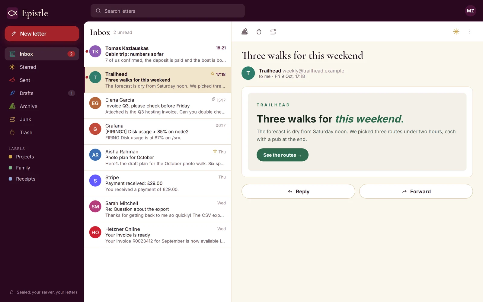 Epistle webmail: folders on purple, the inbox and an open letter