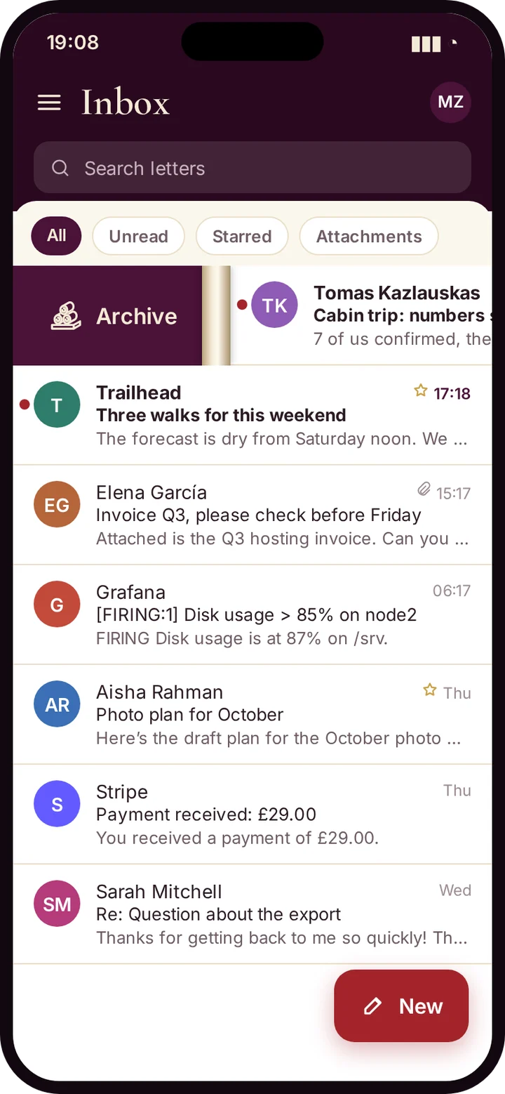 The Epistle app on a phone, showing the inbox
